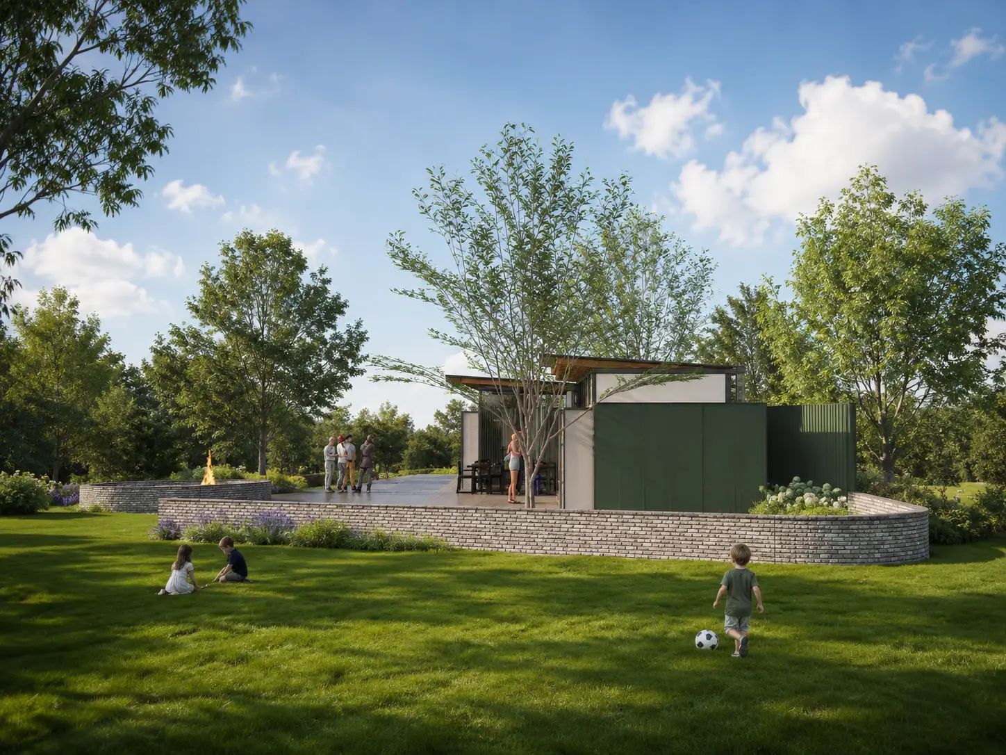 School study area and cafeteria — garden edge and play lawn