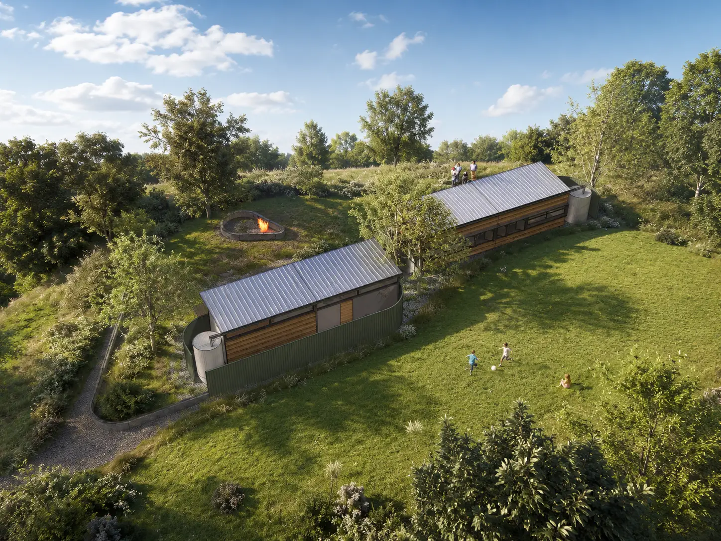School study area and cafeteria — aerial landscape setting