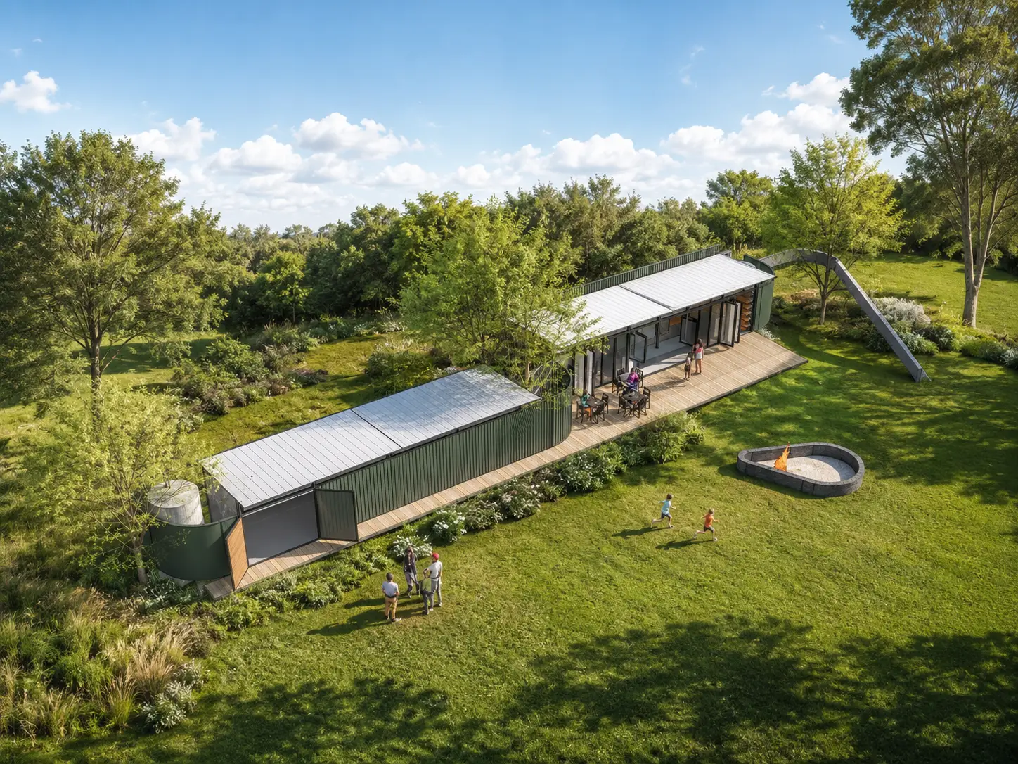 School study area and cafeteria — aerial view over the play field
