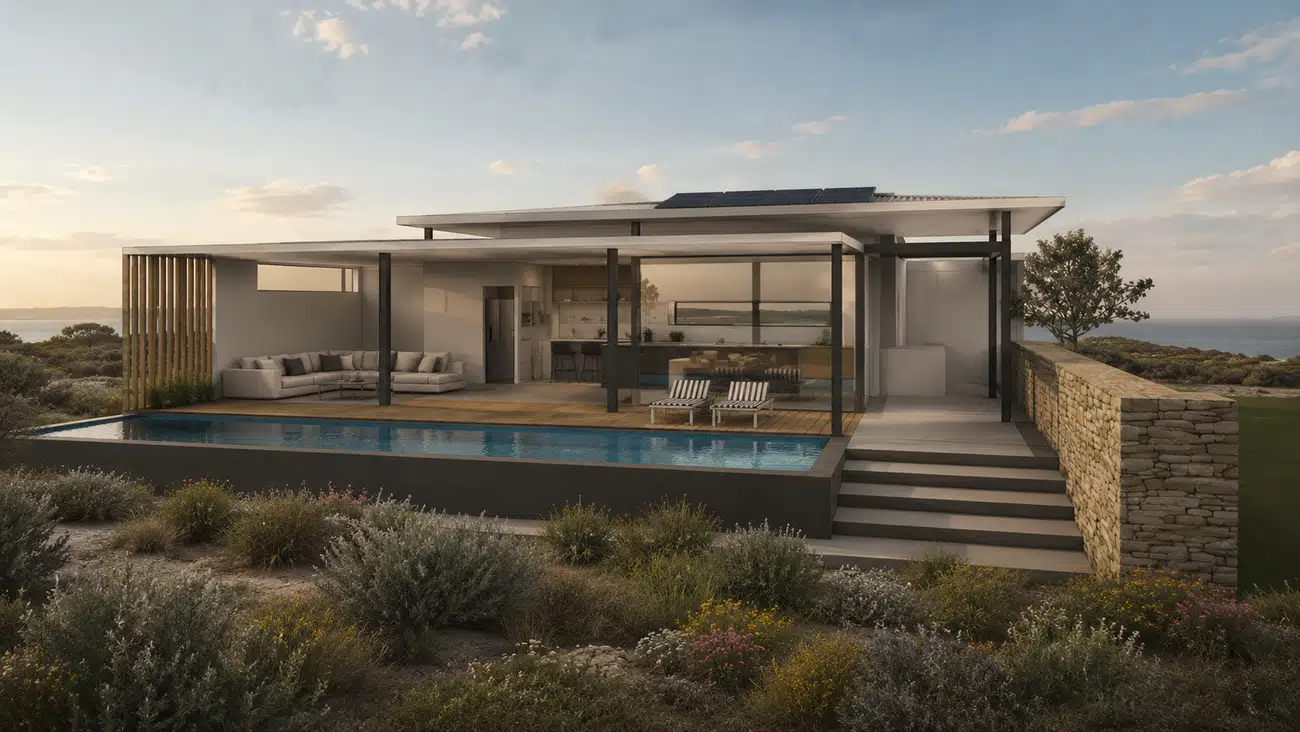 Beach House — rendered exterior by the pool