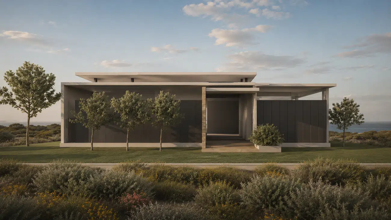 Beach House — front elevation with trees