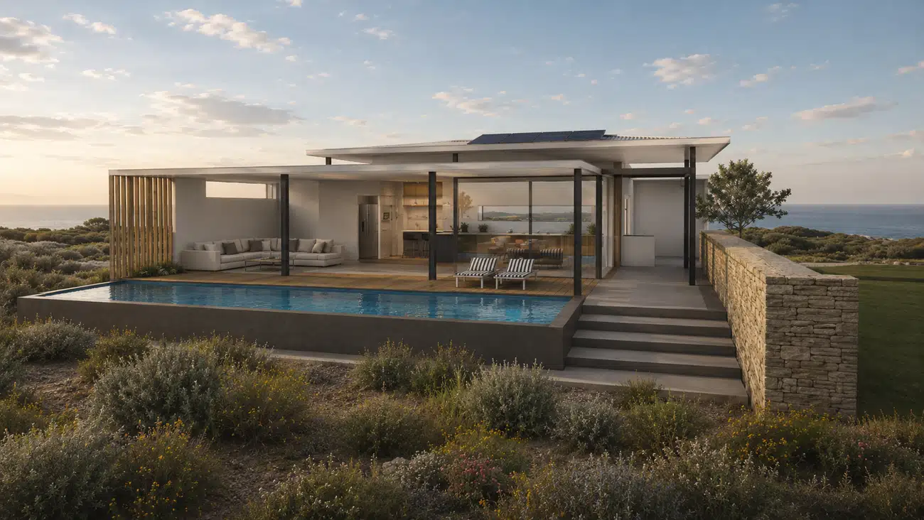 Beach House — broad exterior view with infinity pool
